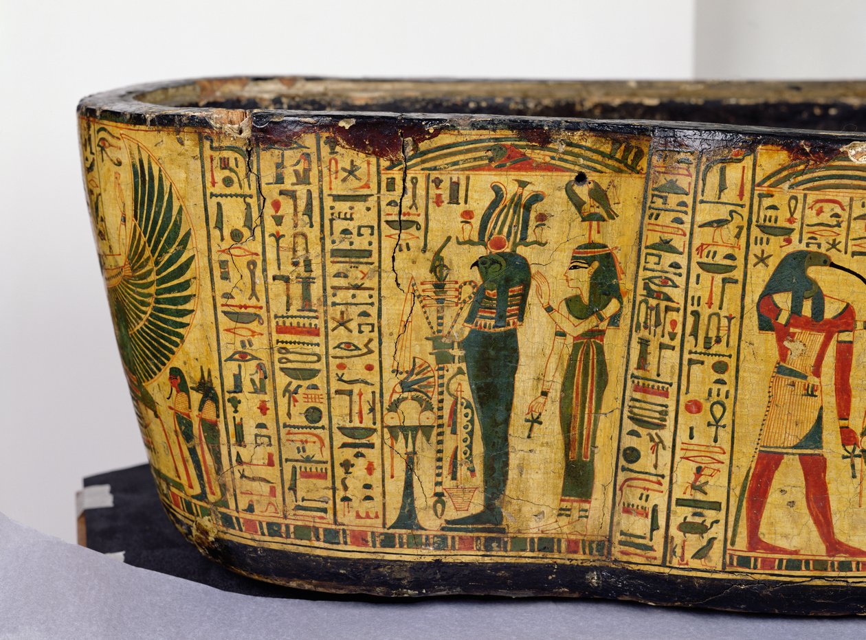 Detalhe da base exterior do caixão da múmia de Nesyamun, possivelmente encontrada em Deir El-Bahri, New Kingdom, c.1100 BC (madeira pintada) de Egyptian 20th Dynasty