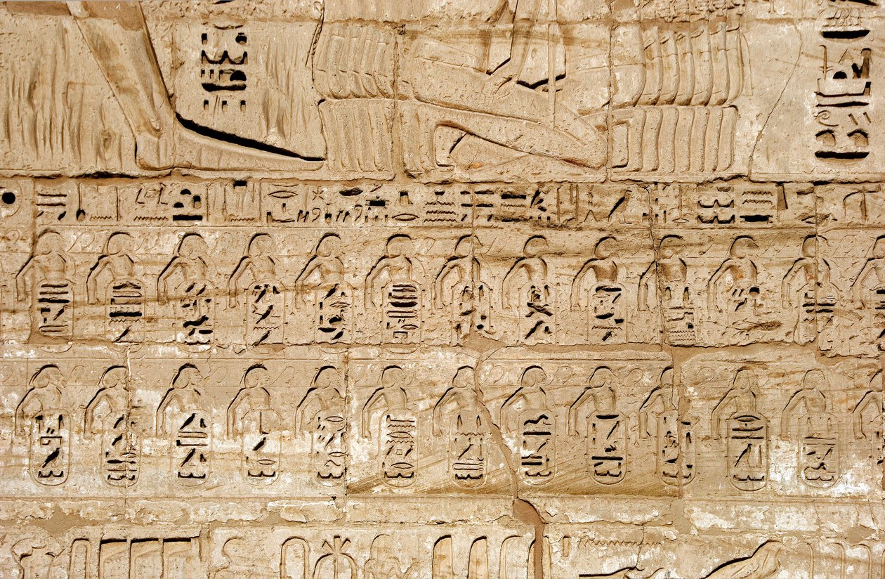 Antiquite egípcio: detalhe dos relevos da primeira torre representando os emblemas das cidades conquistadas pelo faraó Ramsés III. Templo Funerário de Ramsés III (1187-1156 a.C.). Luxor, Medinet Habou, Egito de Egyptian 20th Dynasty