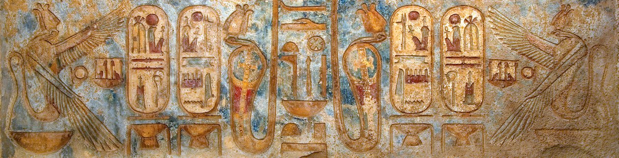 Antiquite egípcio: afresco representando cartuchos reais. Templo Funeral de Ramsés III de Egyptian 20th Dynasty