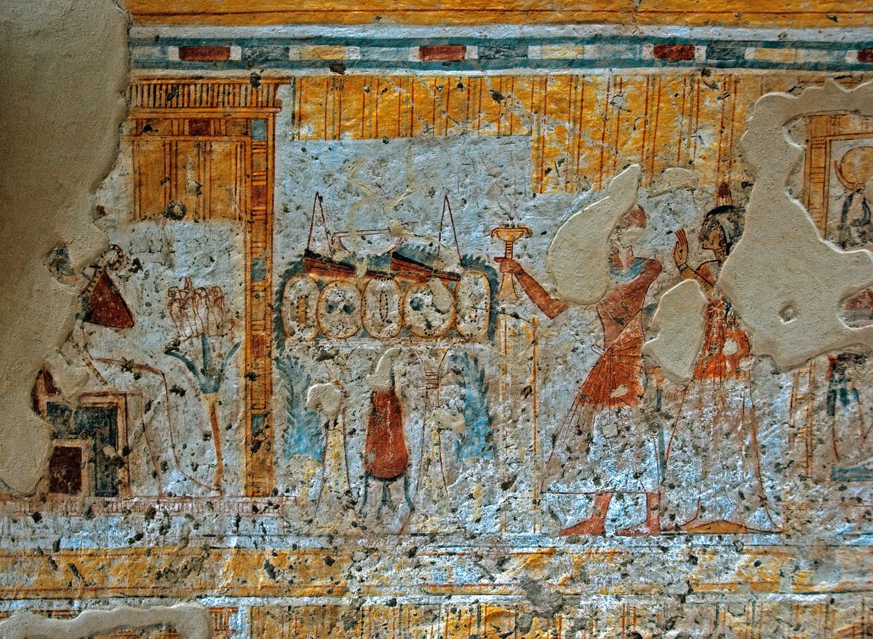 Antiquite egípcio: representação de Shuroy e sua esposa adorando o deus Osíris sentados diante dos quatro filhos de Horus em uma folha de papiro. Pintura da Tumba de Shuroy (TT13). 20ª dinastia. 1190-1077 AC Necropole de Dra Abu el-Naga, Cisjordânia de de Egyptian 20th Dynasty