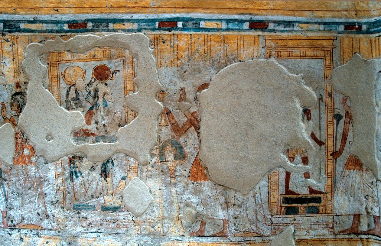 Antiquite egípcio: representação de Shuroy e sua esposa adorando o deus Thot e a deusa Rá. Pintura da Tumba de Shuroy de Egyptian 20th Dynasty