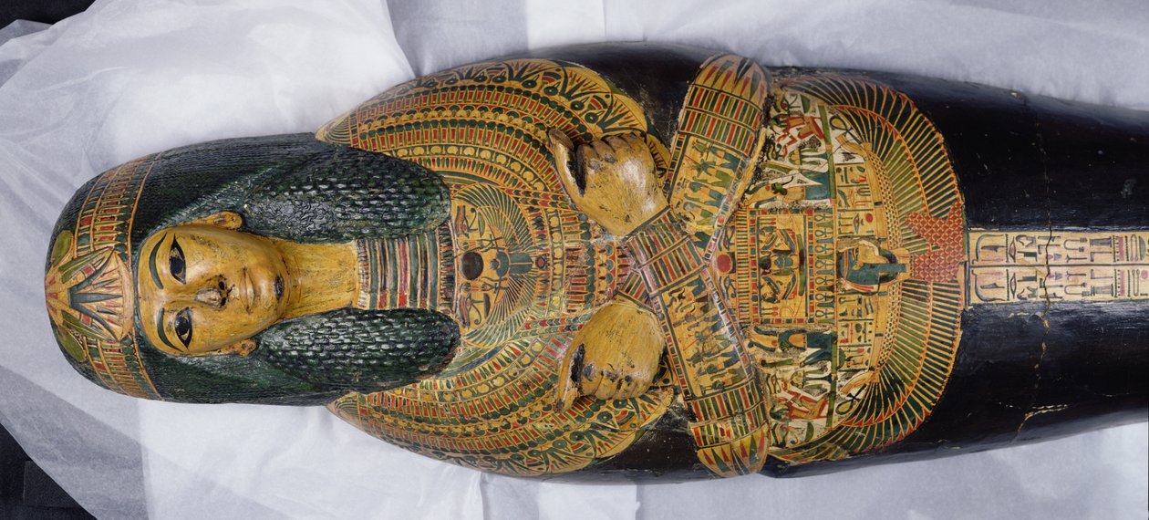 Tampa interior da múmia de Nesyamun, possivelmente encontrada em Deir El-Bahri, New Kingdom, c.1100 BC (madeira pintada) (detalhe de 308052) de Egyptian 20th Dynasty
