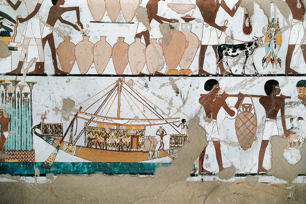 Pintura mural representando uma cena de transporte de vinho num barco, do Reino Novo de Egyptian 20th Dynasty
