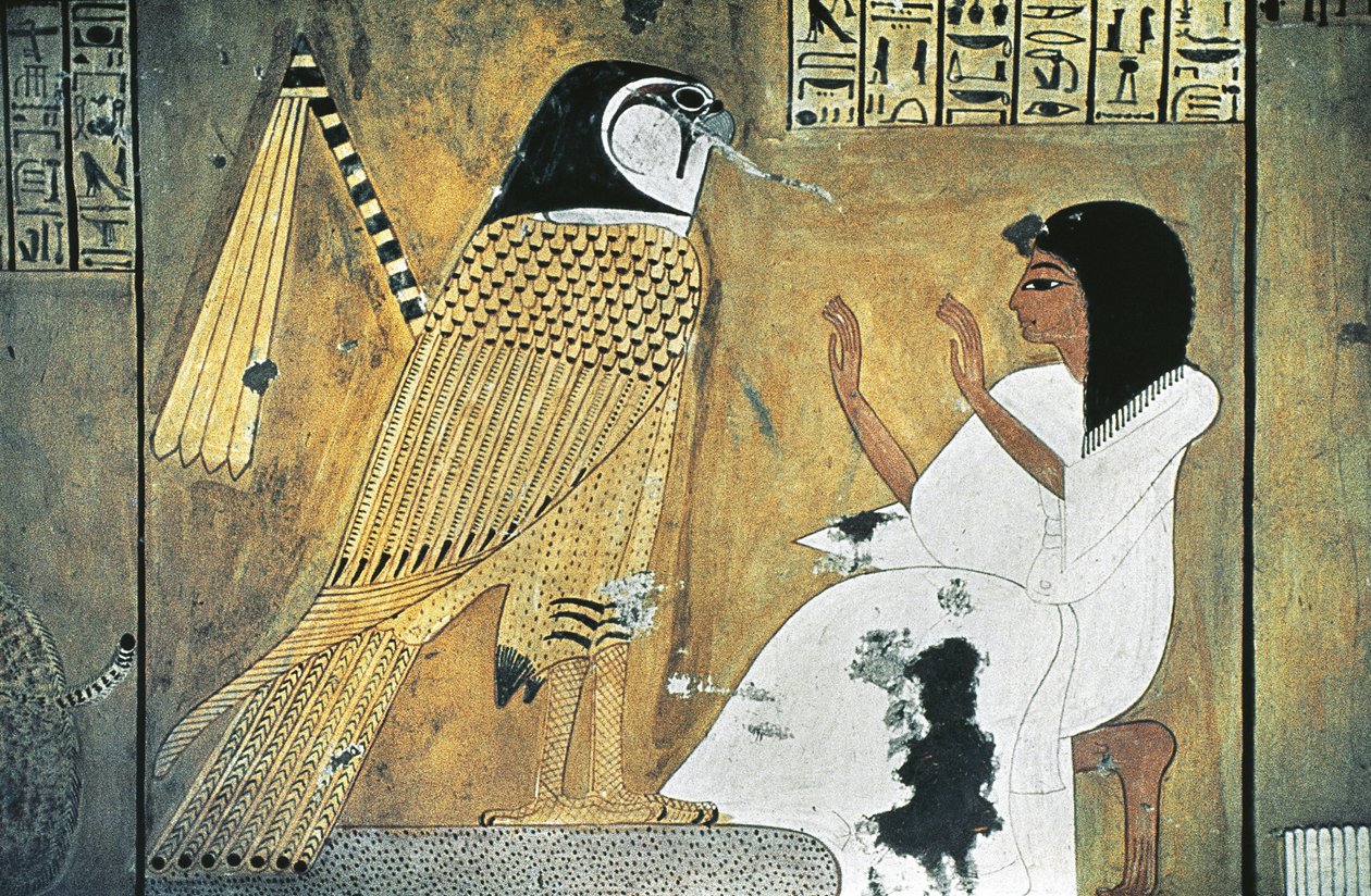 Pintura mural de cena do Livro dos Mortos, transformação em Falcão de Ouro de Egyptian 20th Dynasty