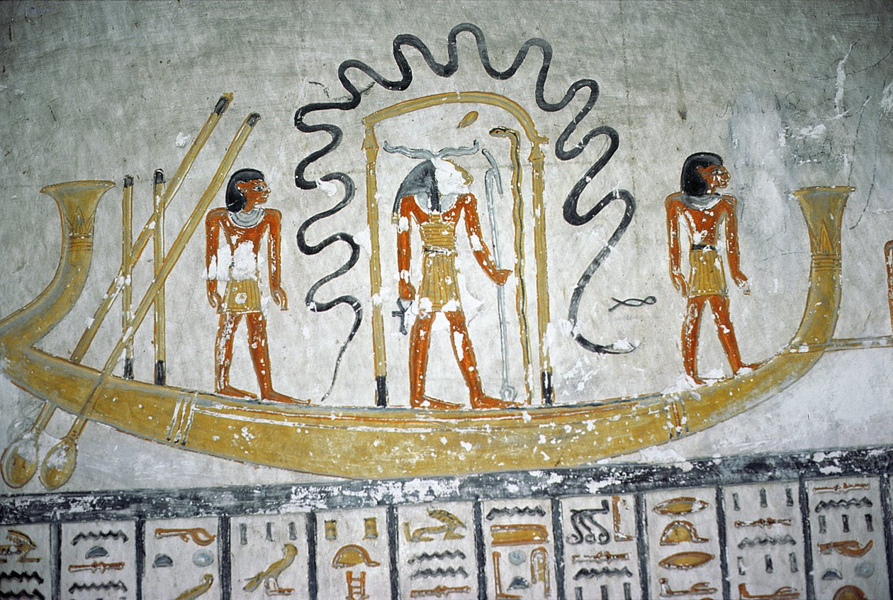 Re no barco da noite, do túmulo de Ramesses VI, reino novo (c.1145-1137 BC) (pintura mural) de Egyptian 20th Dynasty
