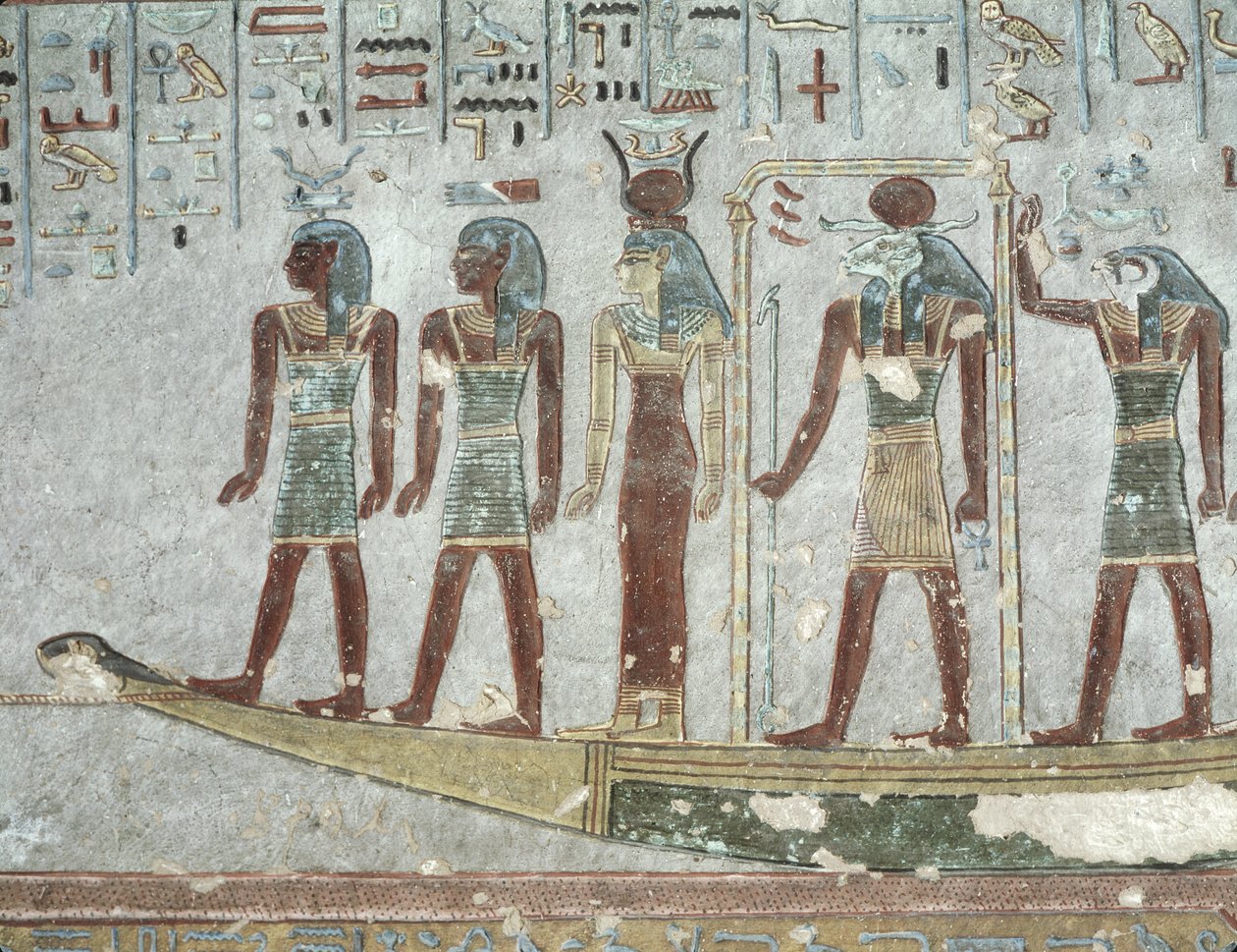 Relevo retratando Khnum em uma barca funerária passando pelo Mundo Inferior, do Túmulo de Ramsés III (c.1184-1153 aC) Novo Reino (calcário pintado) de Egyptian 20th Dynasty