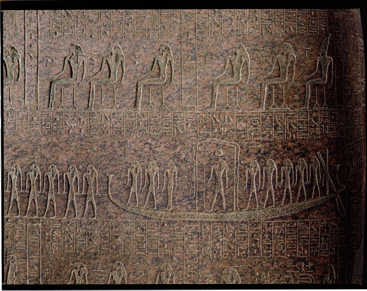 Relevo retratando o barque funerário, detalhe do sarcófago de Ramesses III, do Vale dos Reis, Reino Novo (granito) de Egyptian 20th Dynasty