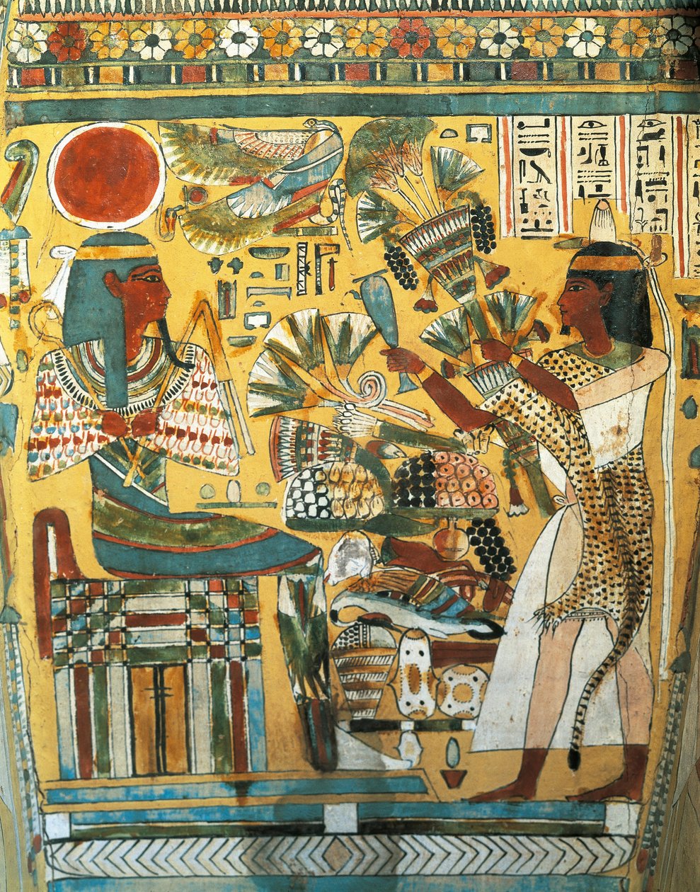 Sarcófago de Ankt Ef Rhonson, escriba do Templo de Amon, detalhe interior: o falecido oferecendo flores ao deus do Ocidente, Reino Novo, Dinastia XX de Egyptian 20th Dynasty
