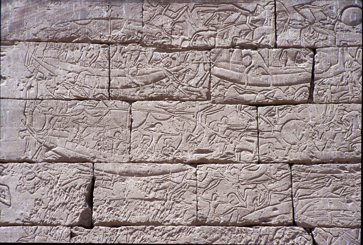 Povo do Mar, Batalha Naval de Ramsés III, Medinet Habu, 1195-64 aC, pedra de Egyptian 20th Dynasty