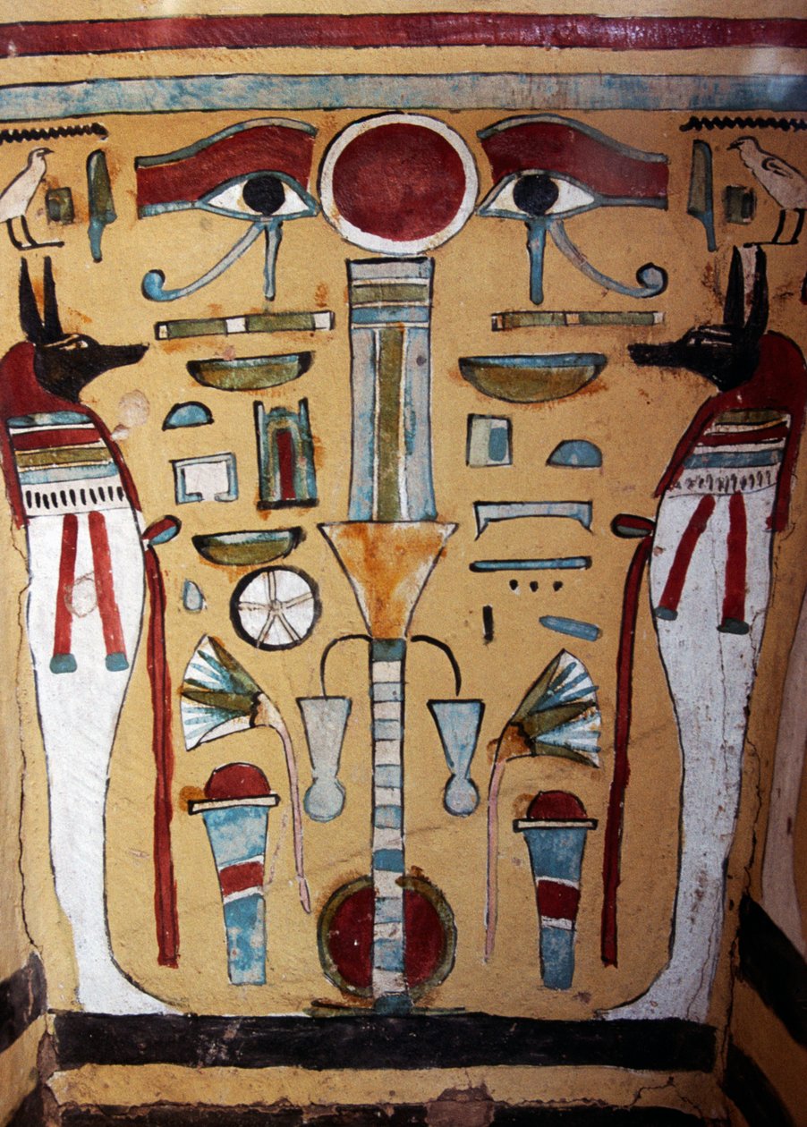 Múmia de Anubis, detalhe decorativo do sarcófago de Ankh-ef-en-Khonsu de Egyptian 21st Dynasty