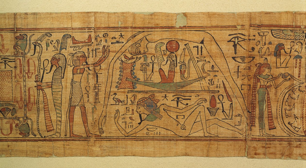 Livro de imagens mitológicas de Nespakachuty, a separação do céu e da terra com o barco solar de Egyptian 21st Dynasty