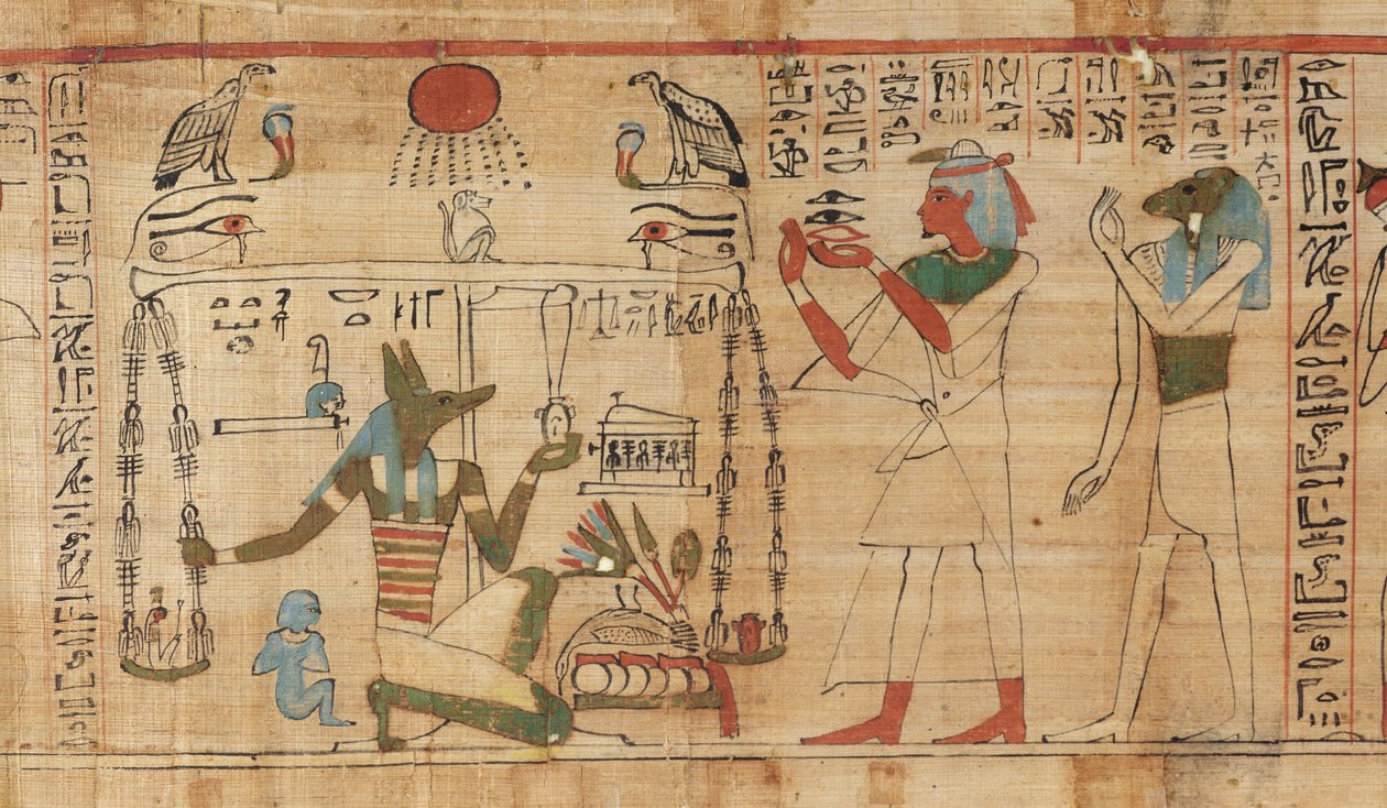Detalhe do Livro dos Mortos do sacerdote Aha-Mer representando Anubis pesando o coração do defunto contra a Pena da Verdade (papiro) de Egyptian 21st Dynasty