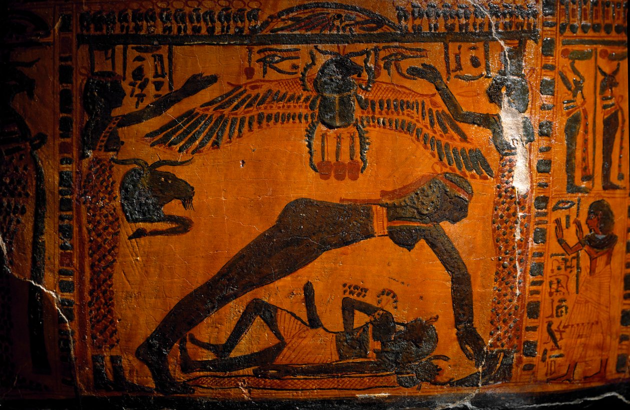 Antiquite egípcio: sarcófago de madeira pintada por Boutehamon (Butehamon), escriba real. De Tebas. Da 21ª dinastia. 990-970 AC. Pormenor representando a criação do mundo, Não a deusa do céu se separa de Geb, o deus da Terra. Turim, egípcio. de Egyptian 21st Dynasty