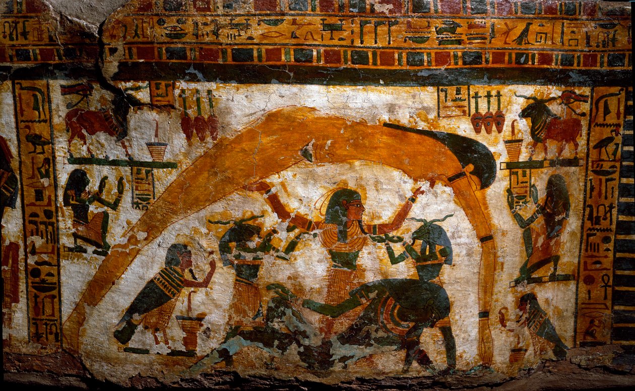 Antiquite egípcio: sarcófago de madeira pintada por Boutehamon (Butehamon), escriba real. De Tebas. Da 21ª dinastia. 990-970 AC. Detalhe representando a criação do mundo. Turim, museu egípcio. de Egyptian 21st Dynasty