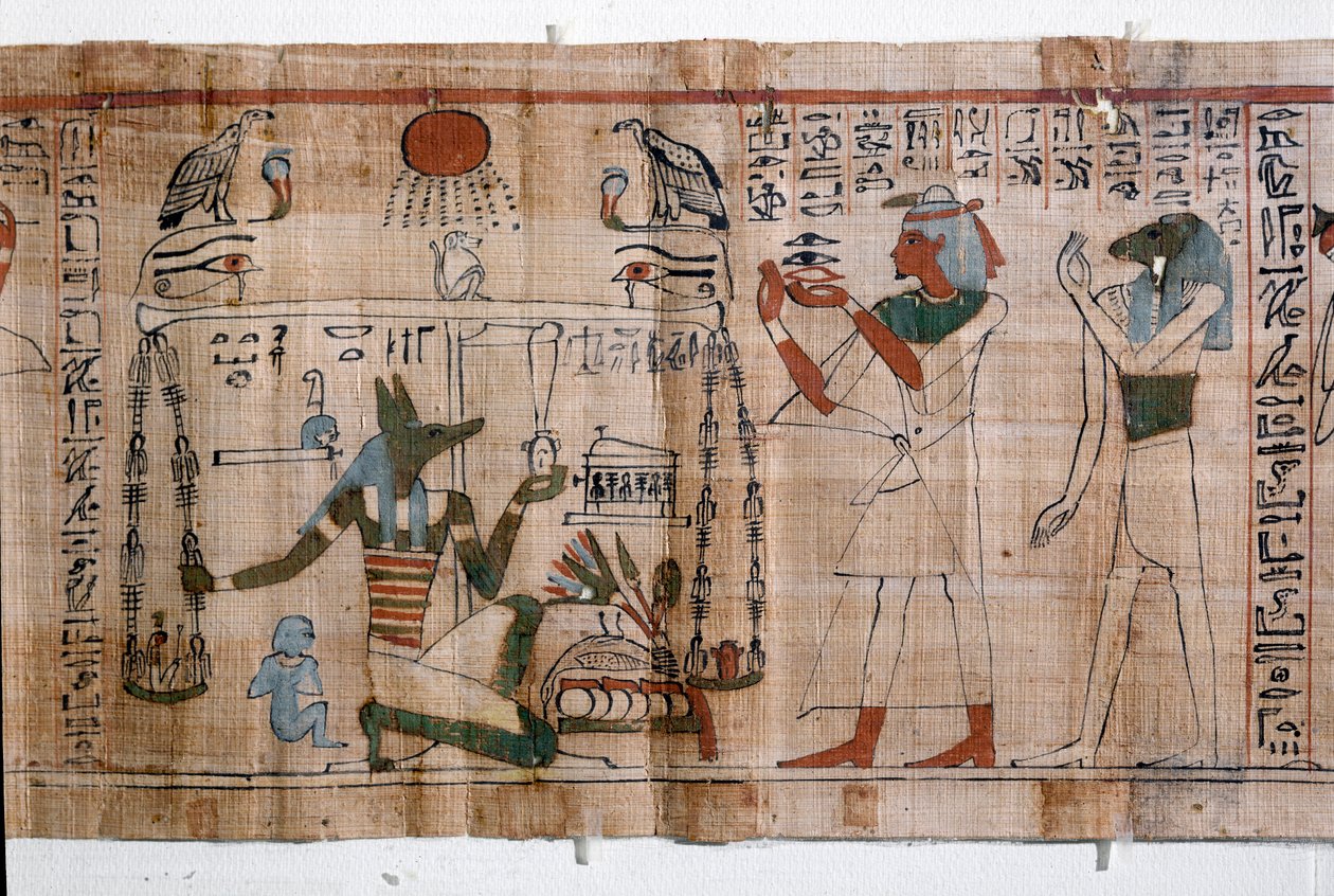 Antiquite egípcia: psicostasia (pesando almas). papiro de um Livro dos Mortos. Papiro da 21ª dinastia de Egyptian 21st Dynasty