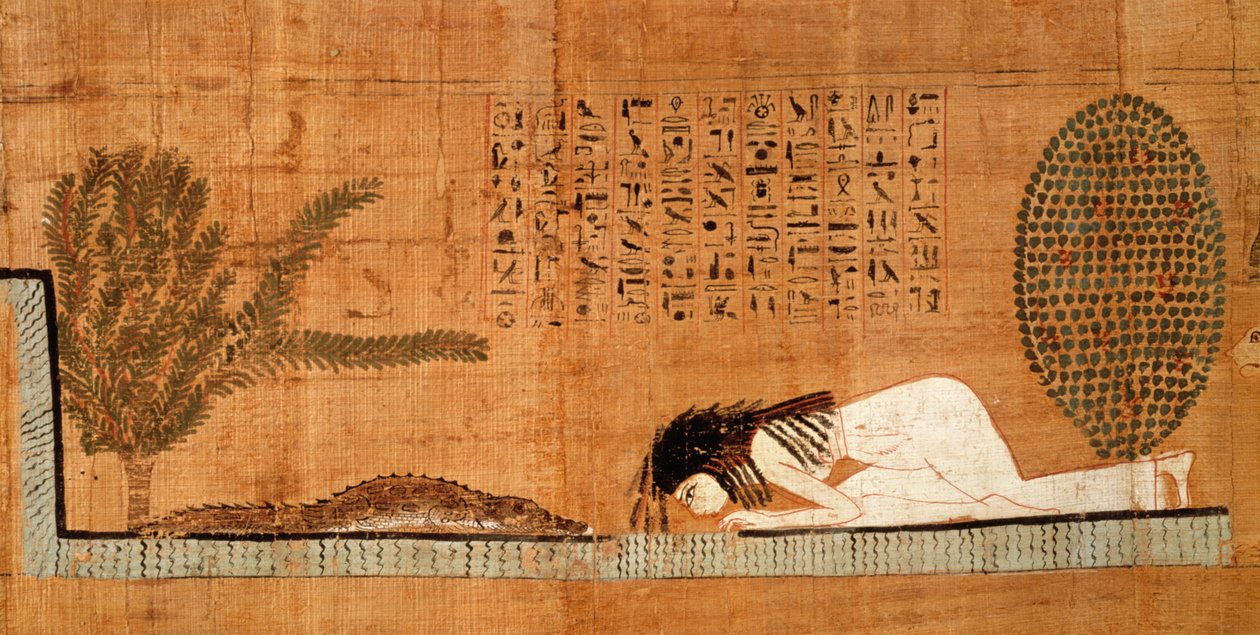 Papiro funerário representando o falecido prostrado na frente do crocodilo (papiro) de Egyptian 21st Dynasty