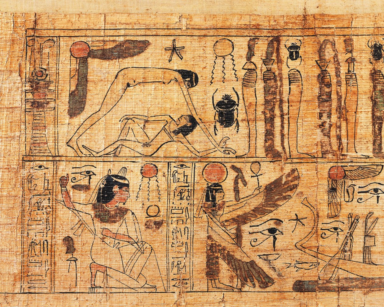 Papiro funerário de Serimen, sacerdote de Amon, detalhe da criação do mundo, separação de Geb e Nut de Egyptian 21st Dynasty