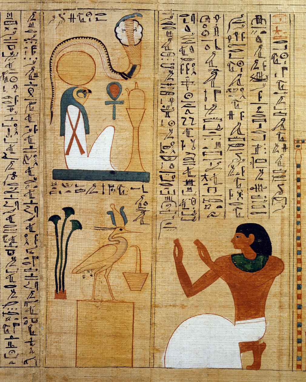 Hino ao deus Ra e ao pássaro sagrado, duas formas do Sol, detalhe do papiro mitológico de Imenemsauf, chefe portador de Amon. A civilização egípcia, Terceiro Período Intermediário, Dinastia XXI-XXII. de Egyptian 21st Dynasty