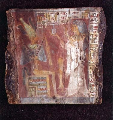 Interior do sarcófago do cantor, Toarnemiherti, mostrando o falecido oferecendo incenso a Osíris entronizado, Terceiro Período Intermediário (pedra pintada) (ver também 107960) de Egyptian 21st Dynasty