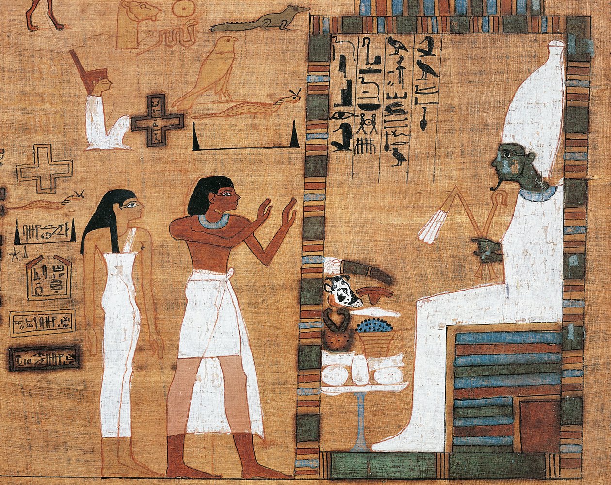 Papyrus representando marido e mulher perante o Tribunal de Osiris de Egyptian 21st Dynasty