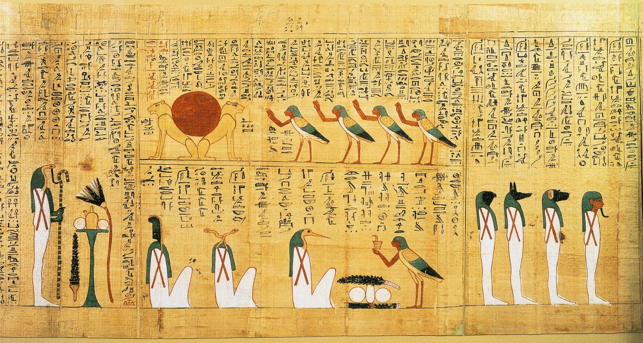 Papiro mitológico de Imenemsauf, portador principal de Amon. Detalhe: hino ao sol retratado como dois leões de Egyptian 22nd Dynasty
