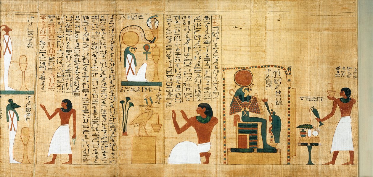Papiro mitológico de Imenemsauf, portador principal de Amon. Detalhe: incensação e libações em honra de Ra-Harakhti de Egyptian 22nd Dynasty