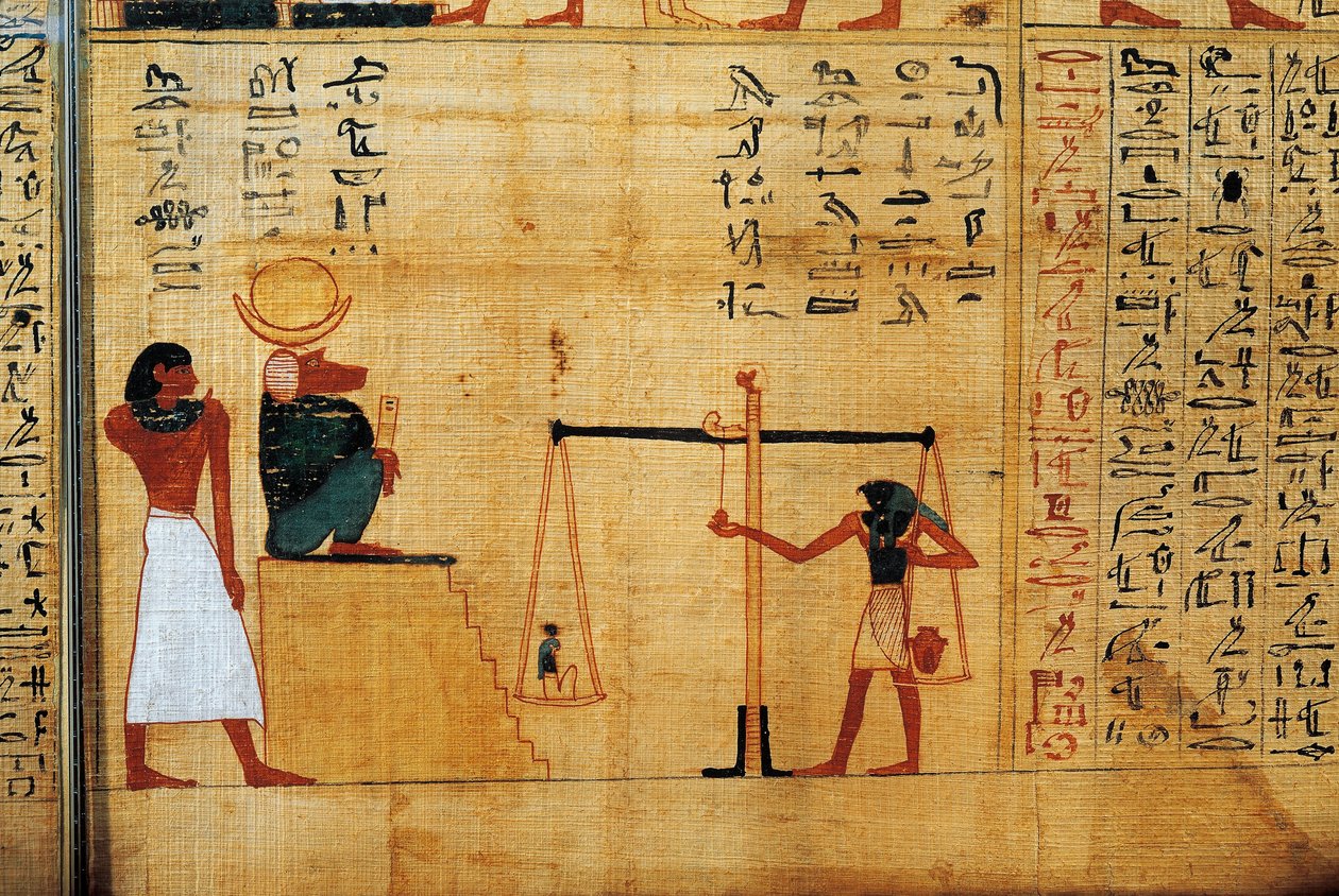 Papiro mitológico de Imenemsauf, portador principal de Amon. Detalhe: pesagem da alma perante o deus babuíno Thoth de Egyptian 22nd Dynasty