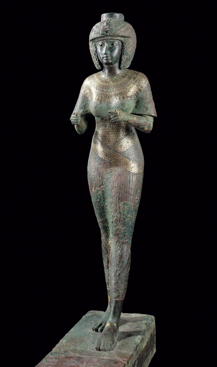 Estátua da Divina Adoradora Karomama, Terceiro Período Intermediário (bronze com ouro, prata e electrum) (ver também 127647) de Egyptian 22nd Dynasty