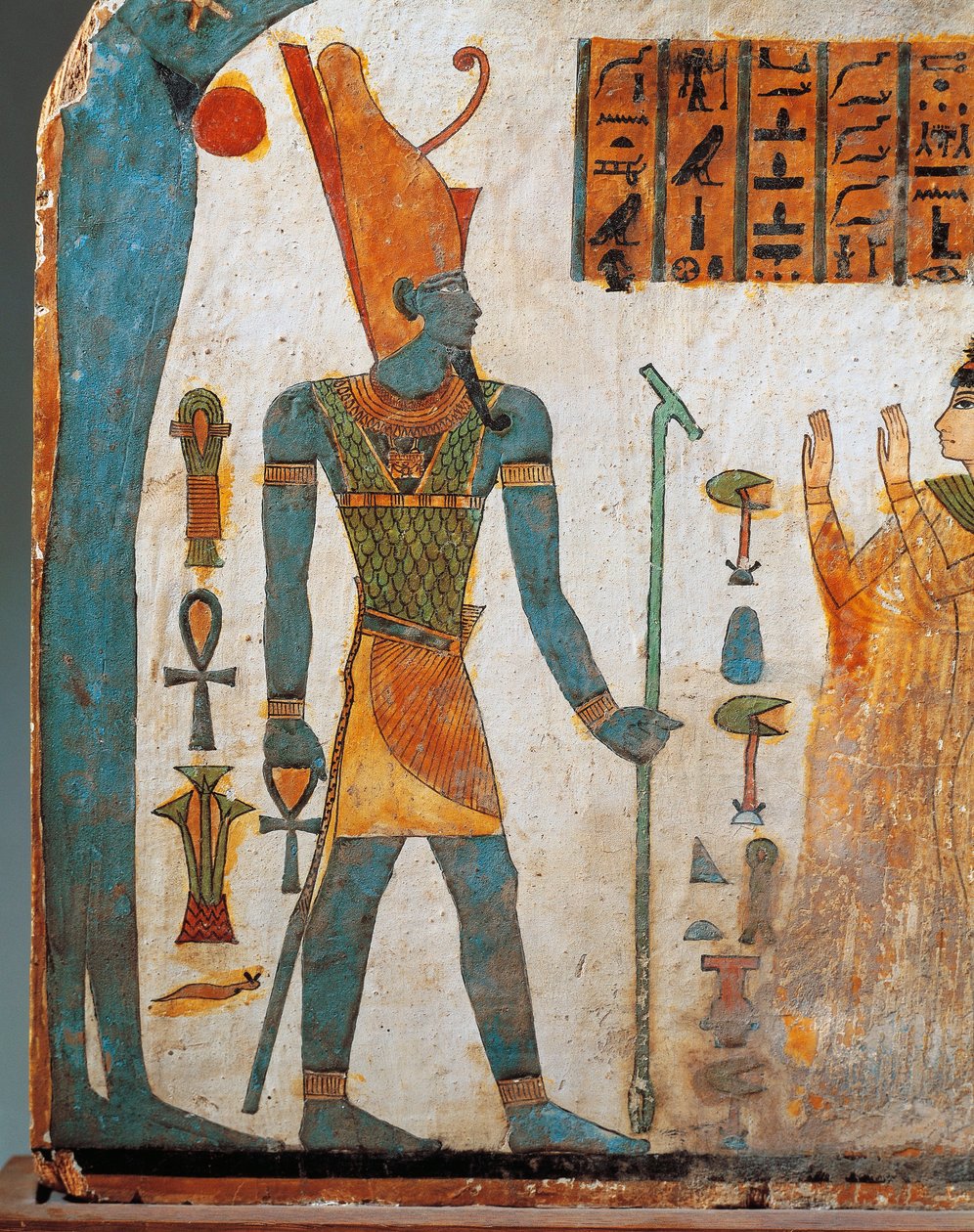 Estela de senhora Taperet, estela de madeira pintada de ambos os lados, lado B: Taperet orando ao deus Atum, o sol poente, Terceiro Período Intermediário, Dinastia XXII de Egyptian 22nd Dynasty