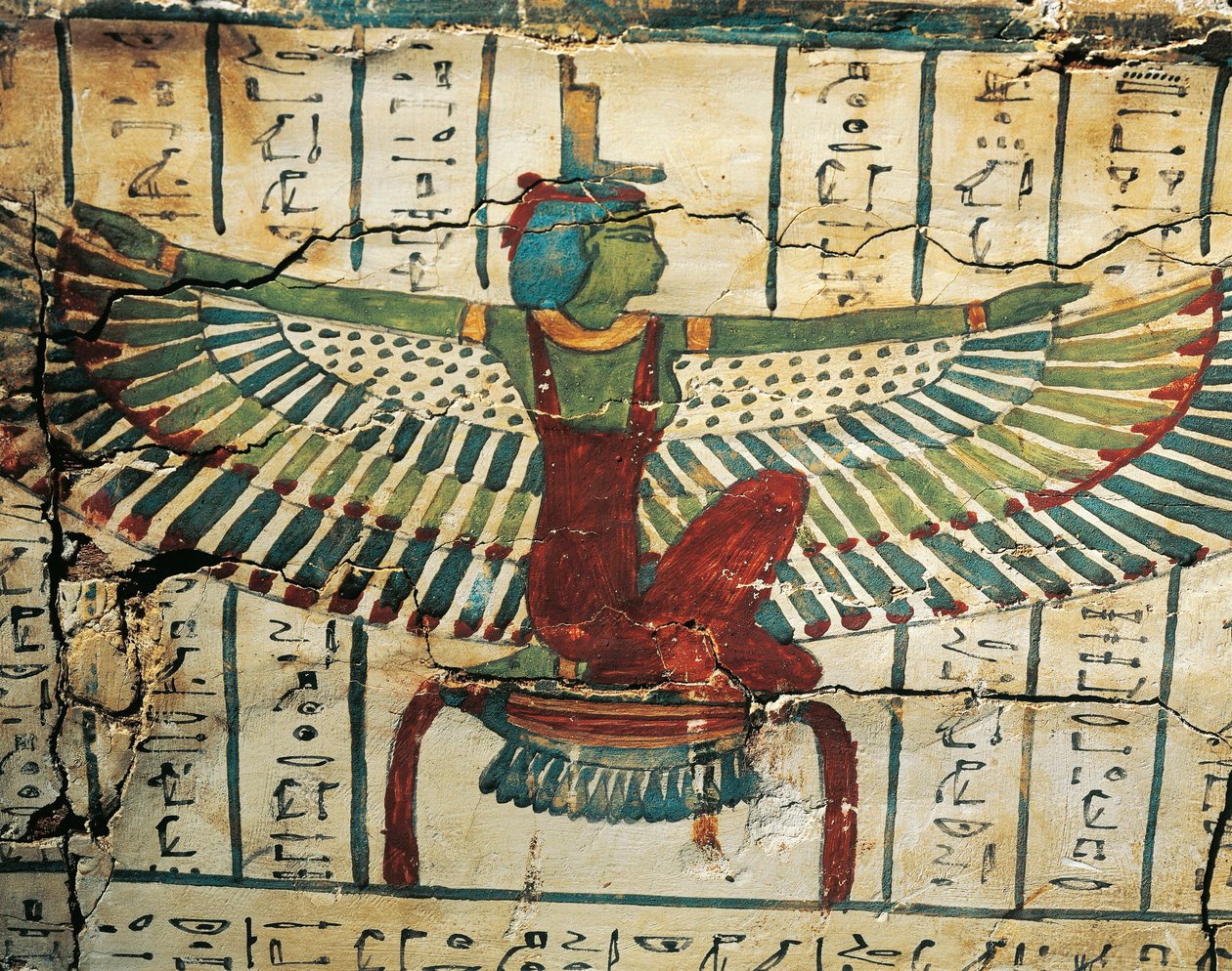 Madeira pintada e lacada, representando a deusa Ísis com asas abertas, no sarcófago de Cesraperet de Tebas Ocidental de Egyptian 25th Dynasty