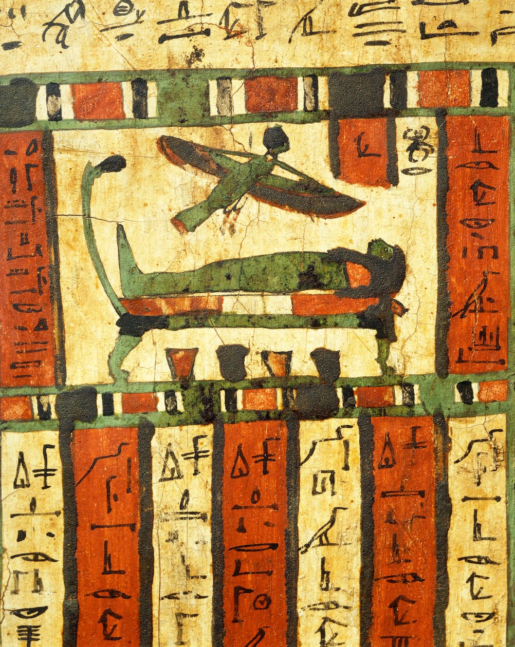 Madeira rebocada e pintada representando o falecido no leito de morte enquanto a alma, Ba, voa para o além, do sarcófago de Tashakheper, Tebas de Egyptian 26th Dynasty