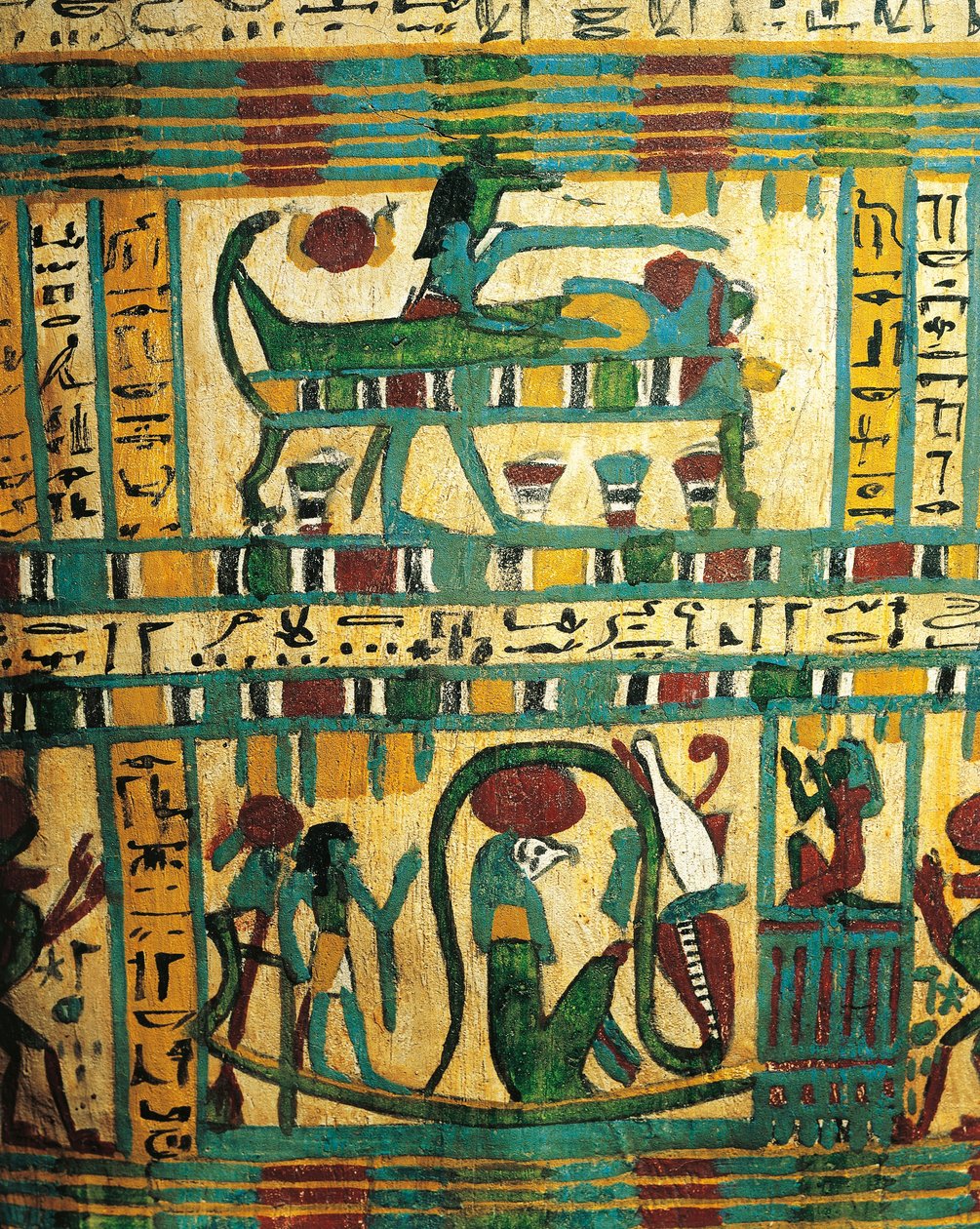 Madeira rebocada e pintada representando o deus Anubi protegendo a múmia do falecido e barco solar com o deus Ra, do sarcófago de Usai, Tebas de Egyptian 26th Dynasty