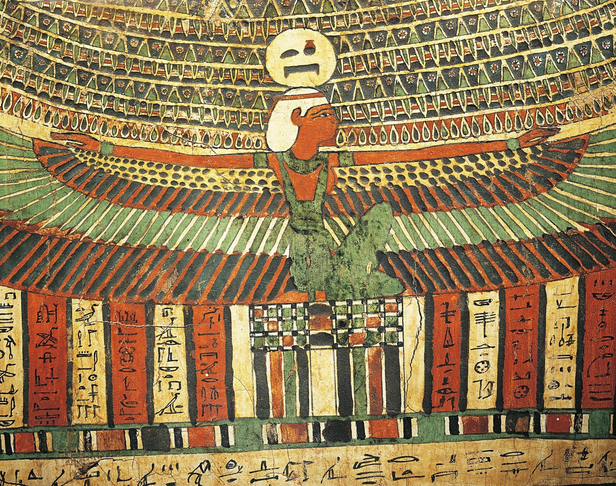 Madeira estucada e pintada representando a deusa Nut a proteger a porta falsa que conduz à vida após a morte, do sarcófago de Tashakheper, Tebas de Egyptian 26th Dynasty