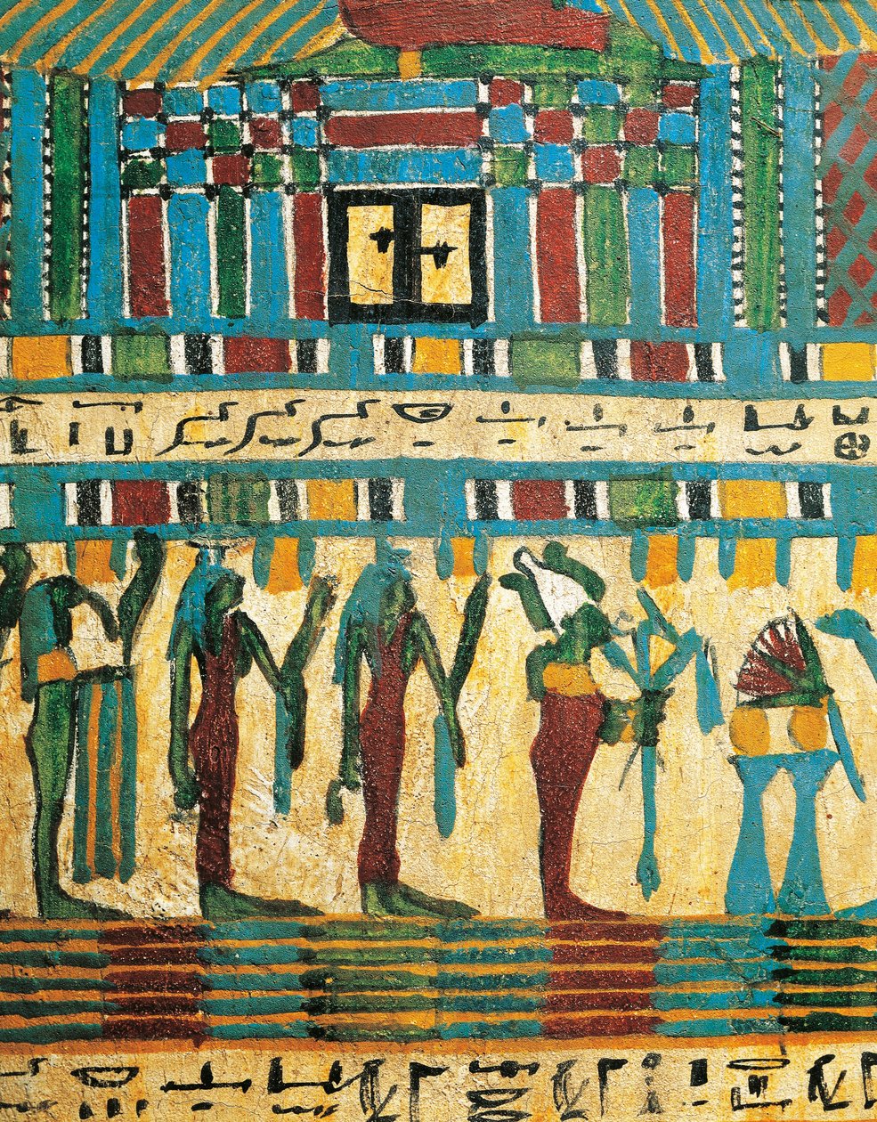 Pormenores de painéis de madeira rebocada e pintada com câmara de julgamento e deus Osíris seguido de divindades, do sarcófago de Usai, Tebas de Egyptian 26th Dynasty