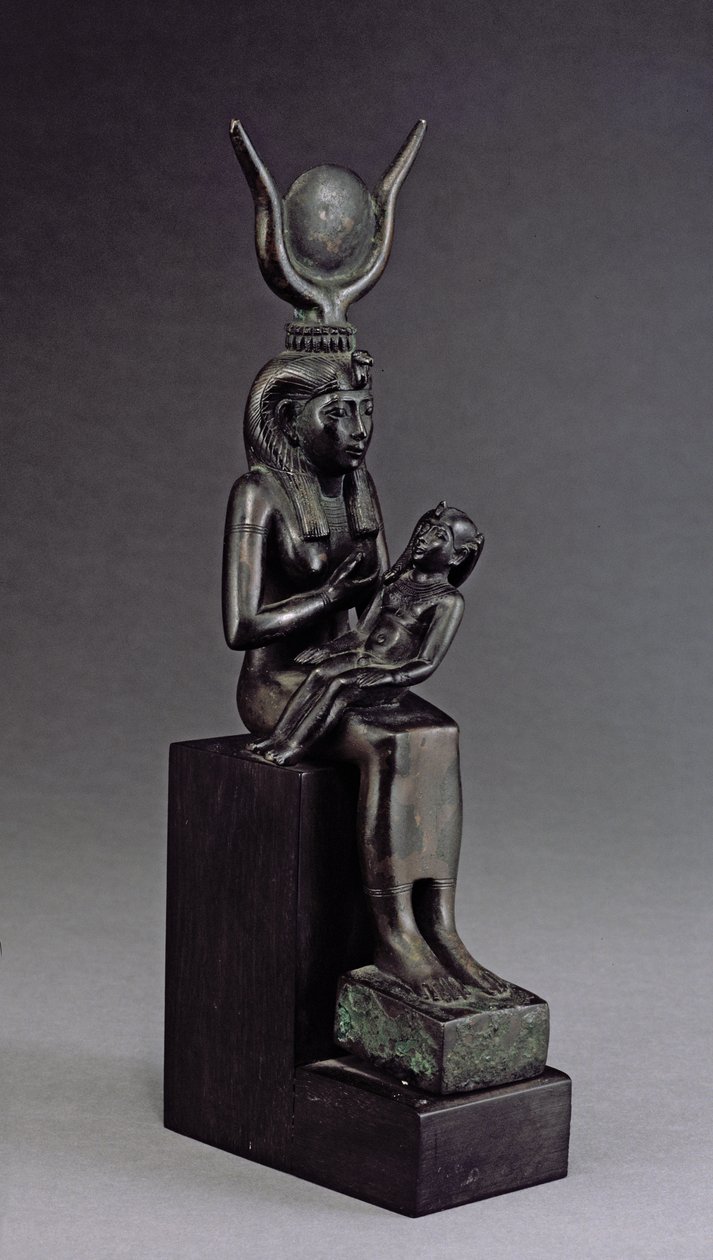A deusa Ísis a amamentar o bebé Horus, período tardio (bronze) de Egyptian 26th Dynasty