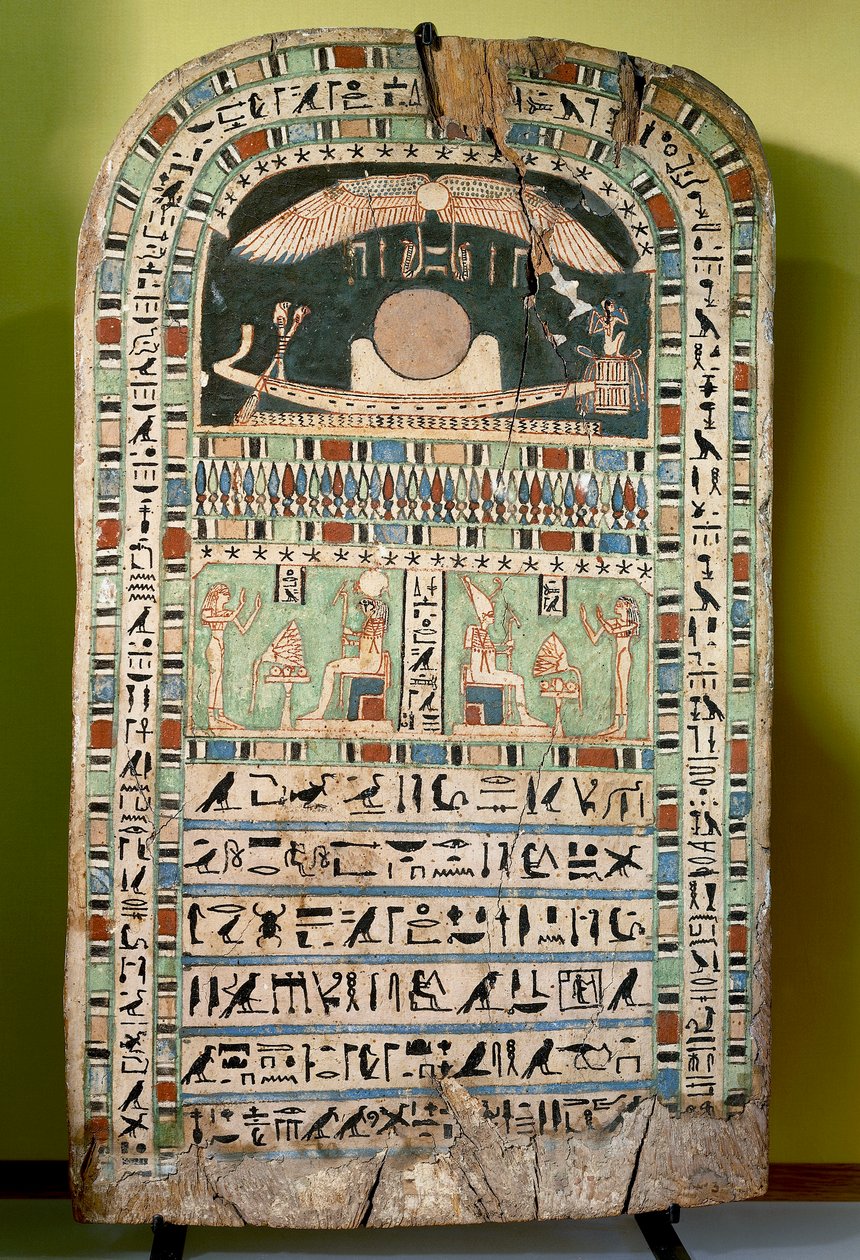 A deusa Udjarenes adorando o sol, à esquerda o deus Ra-Horakhty, à direita o deus Aton, pintado de madeira. A civilização egípcia, período tardio, Dinastia XXVI. de Egyptian 26th Dynasty