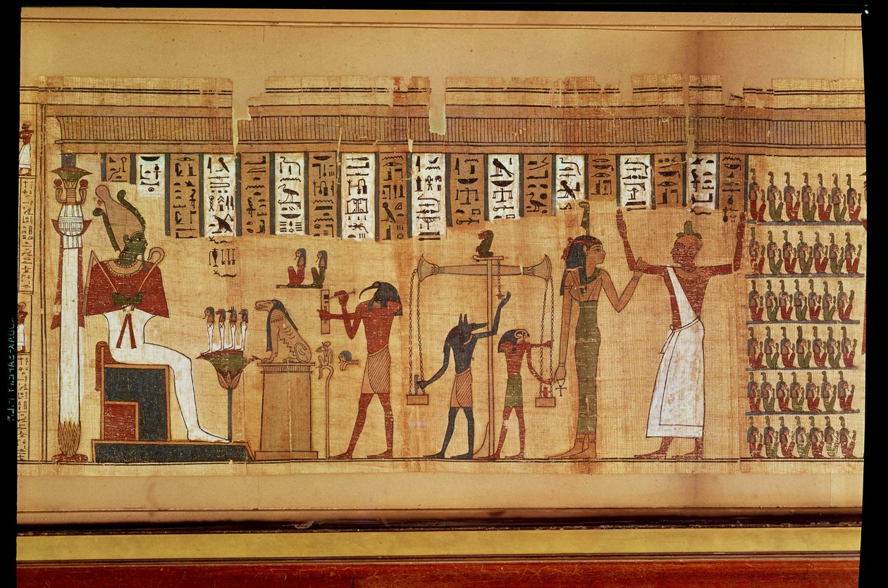 O Julgamento de Osíris, detalhe de um Livro dos Mortos, Período Final (papiro) de Egyptian 30th Dynasty
