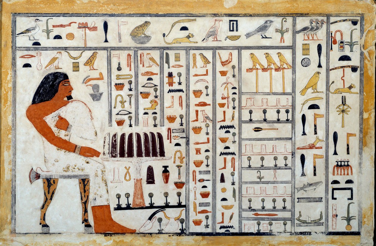 Antiquite egípcio: estela calcária do Príncipe Oupemnefret. Ele é o administrador dos escribas reais. 4ª dinastia Berkeley, Museu Phoebe Hearst de Egyptian 4th Dynasty