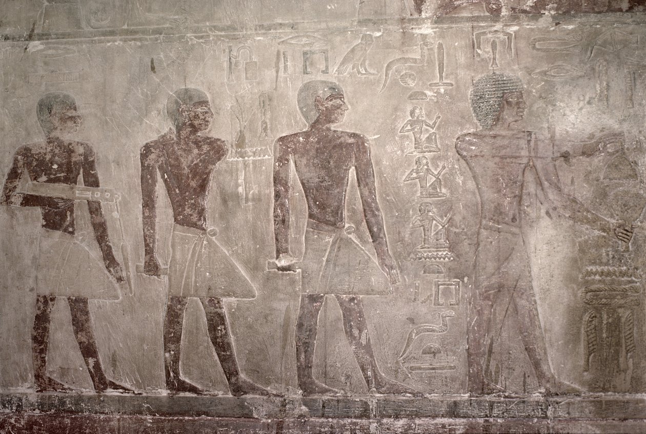 Artesãos da parede sul da Capela Mastaba de Ti, Reino Antigo (pintura de parede) de Egyptian 5th Dynasty