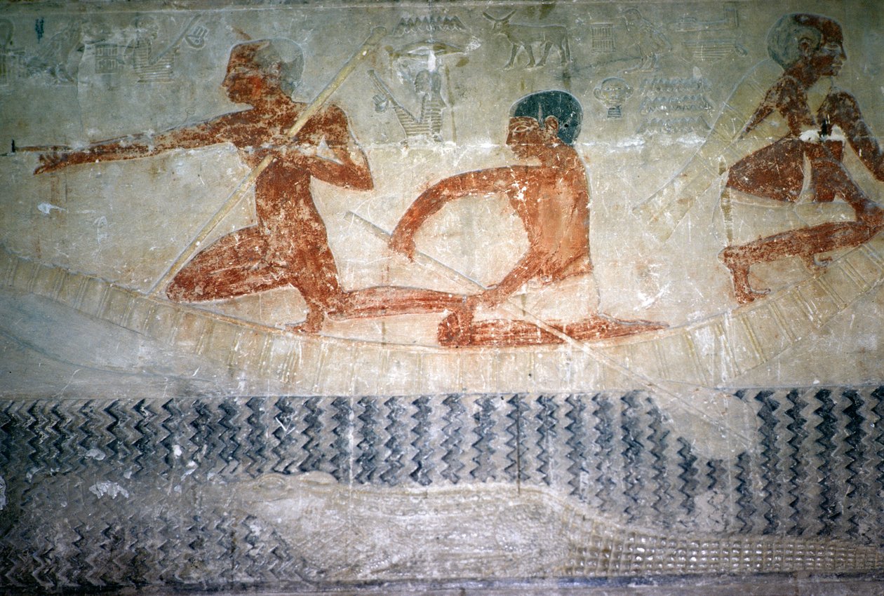 Pescadores e um crocodilo da parede norte da Capela Mastaba de Ti, Reino Antigo (pintura de parede) de Egyptian 5th Dynasty