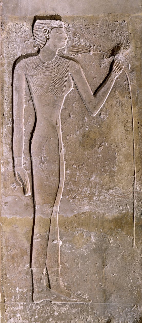 Pilar, descrevendo, um, mulher, cheirando, um, flor lotus, reino velho, 2423-2263, bc de Egyptian 5th Dynasty