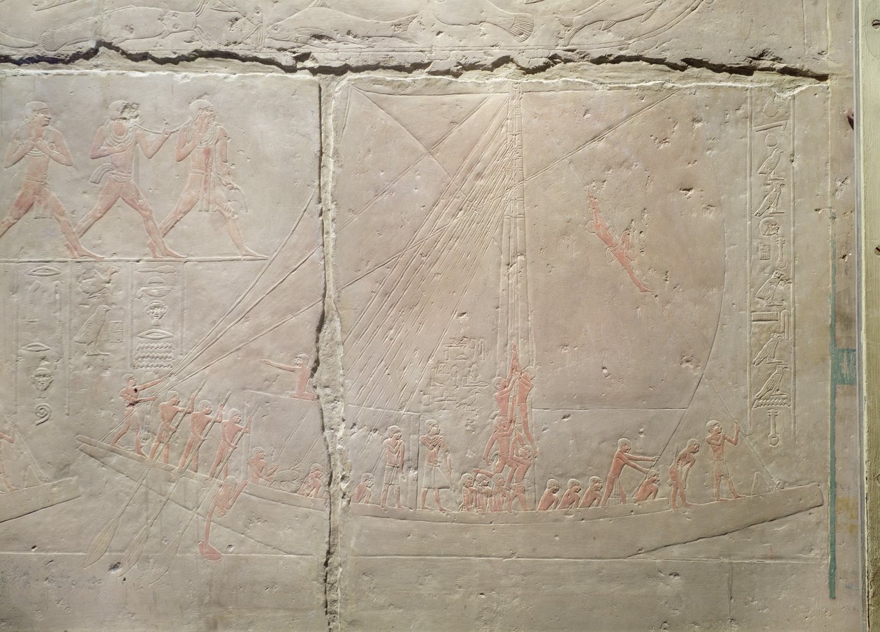 Relevo retratando uma jornada de barco, a partir do Mastaba de Akhethotep, Old Kingdom, c.2400 aC (calcário pintado) de Egyptian 5th Dynasty