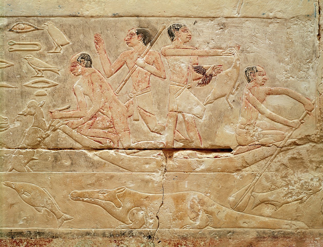 Relief retratando homens em um barco, do túmulo da princesa Idut, Old Kingdom, c.2330 aC (calcário pintado) de Egyptian 6th Dynasty