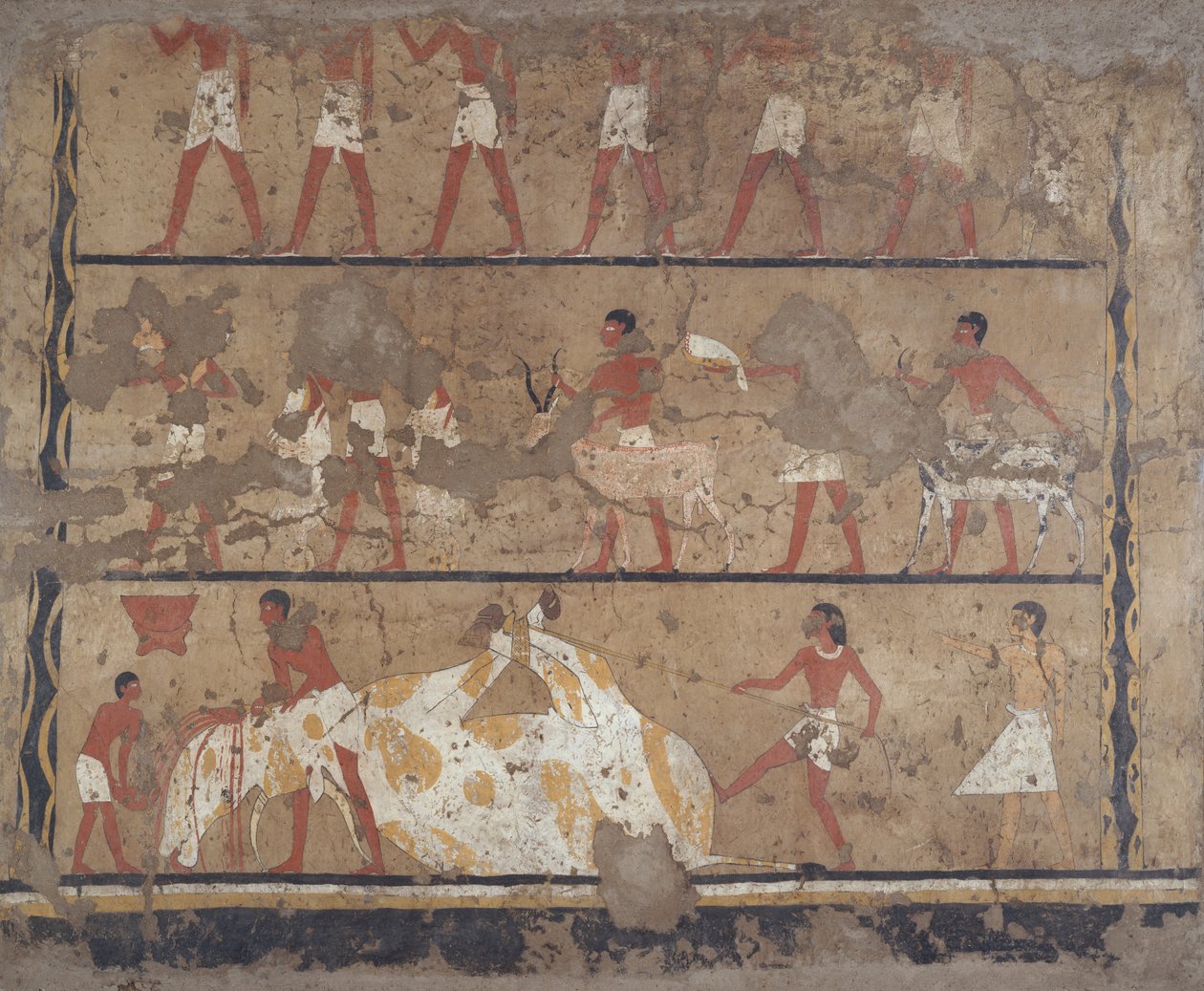 Cenas de criação de gado, abate, portadores de oferendas e sacrifícios, Túmulo de Iti e Neferu (mural) de Egyptian 6th Dynasty
