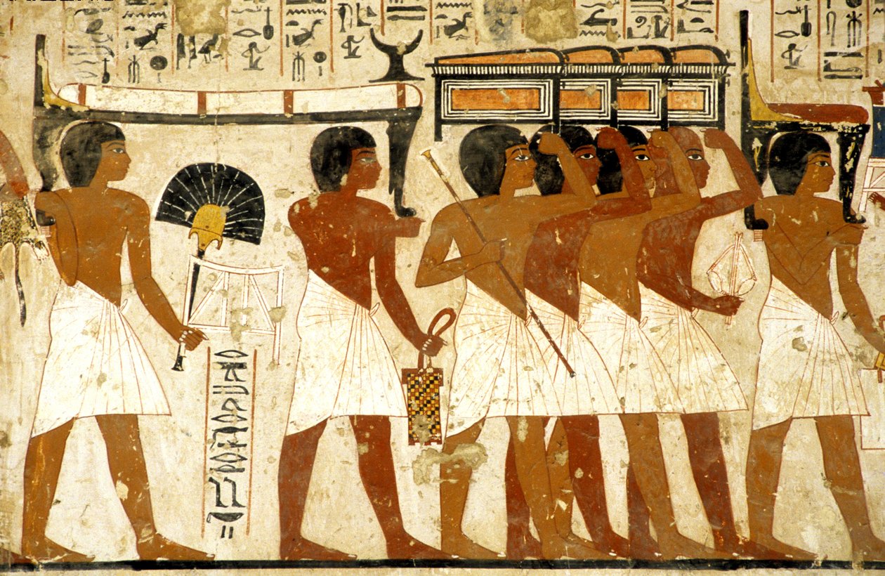 Egito antigo, Pintura, Cortejo fúnebre, Túmulo de Ramose, Homens carregando um tesouro, Tebas, Vale dos Nobres de Egyptian Egyptian