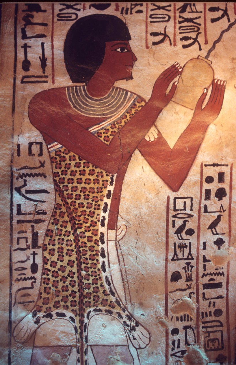 Antigo Egipto, Túmulo de Sennufer, Tebas, Luxor, Pintura mural, fresco, mural, o filho de Sennufer presidindo ao banquete fúnebre, vestindo um manto de pele de leopardo de Egyptian Egyptian