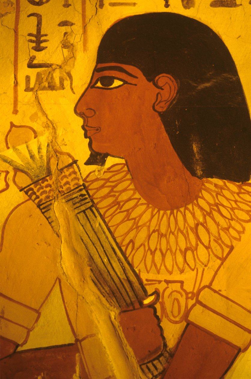 Antigo Egipto, Túmulo de Sennufer, pintura mural, mural, fresco, Sennufer a receber botões de lótus, Presidente da Câmara de Tebas, superintendente de Amenófis II de Egyptian Egyptian