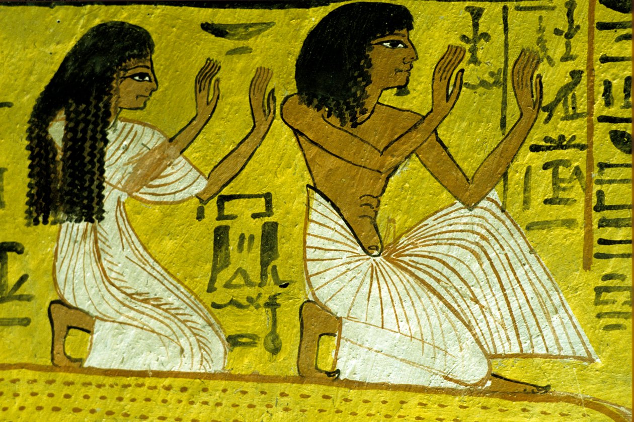 Antigo Egito, Pintura mural, Sennedjem e a sua mulher ajoelhados perante os deuses, Túmulo de Sennedjem, Tebas, Deir el Medina de Egyptian Egyptian