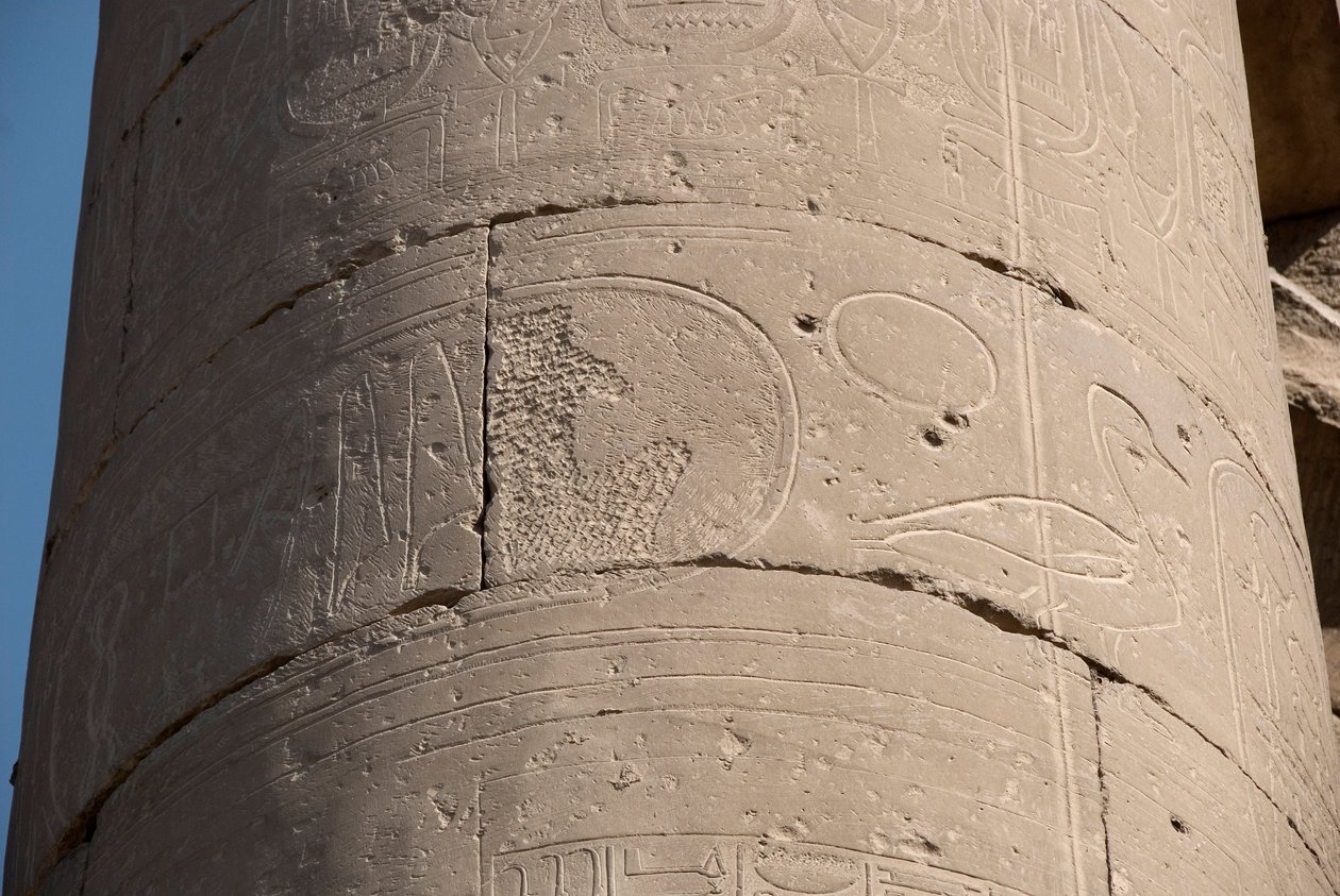 Antiquidade egípcia: detalhe de uma coluna com cartucho apagado por causa da "damnatio memoriae", apagamento dos cartuchos de alguns faraós considerados heréticos pelos seus sucessores, Templo de Luxor. East Bank (Tebas), Egito de Egyptian Egyptian