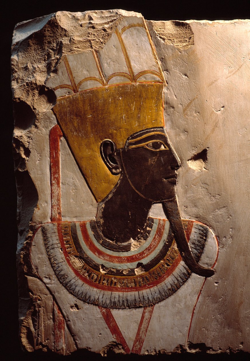 Antiquite egípcia: detalhe de uma pintura sobre calcário retratando o deus da fertilidade Amon Min (Amon-Min). Luxor, Museu de Arte Egípcia de Egyptian Egyptian